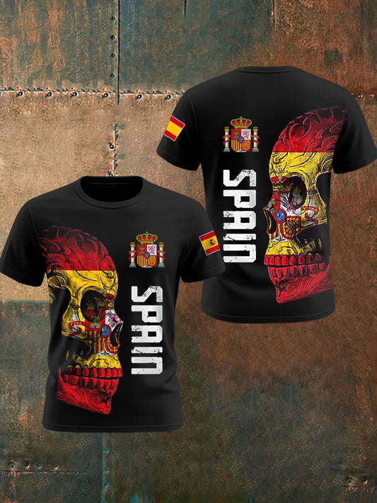 Camiseta casual con estampado de cráneo de bandera española para hombre