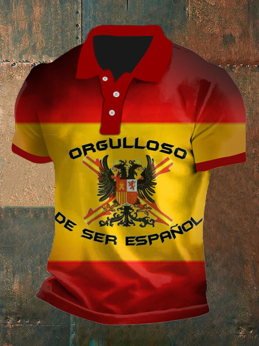 Hombres Vintage bandera española patriótico de doble cabeza águila resumen impreso casual algodón manga corta Polo camisa
