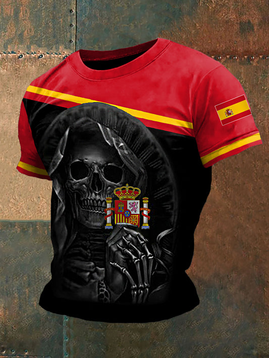 Camiseta casual con estampado de cráneo de bandera española para hombre