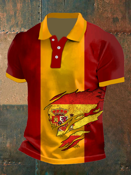 Hombres Vintage bandera española patriótica símbolo abstracto impreso casual algodón manga corta Polo