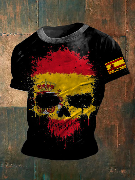Unisex vintage bandera española patriótico cráneo abstracto impresión casual algodón manga corta camiseta