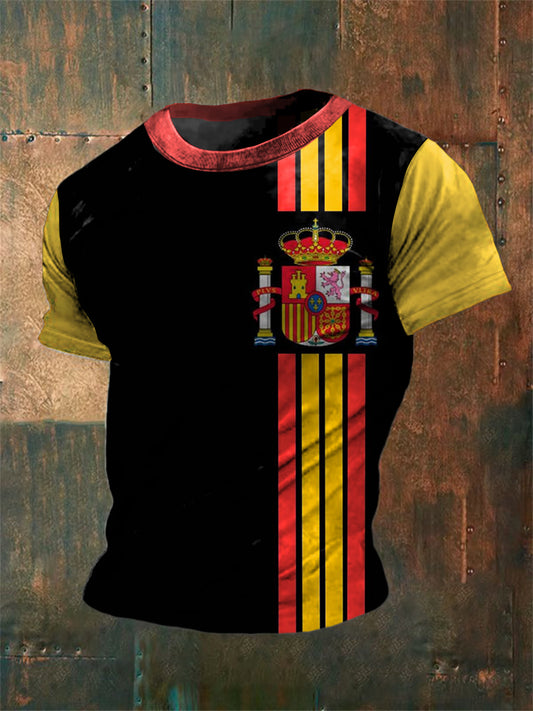 Camiseta de manga corta de algodón casual con estampado abstracto de patchwork patriótico de bandera española vintage unisex